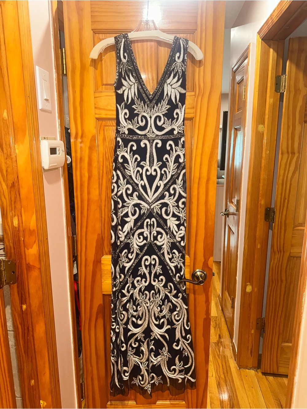 Elegant Blue and Silver Beaded V-Neck Evening Dress